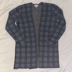 Loft Women's Size S Cardigan Sweater Open Front Blue Gray Plaid Soft Cotton EUC